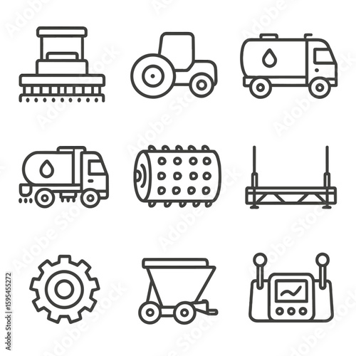 Road Construction Icons. Line style icons of Road Construction Machinery: asphalt paver screed, road roller drum, bitumen tanker,