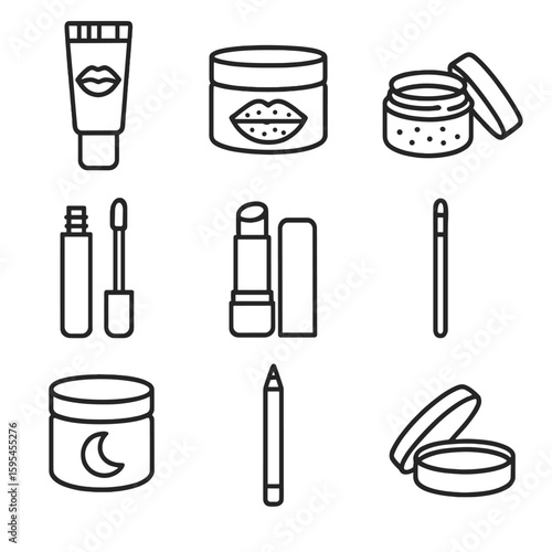 Line Style Lip Icons. Line style icons of Lip Care Collection: tinted lip balm tube, chapped lip mask jar, scrub pot, lip oil wand