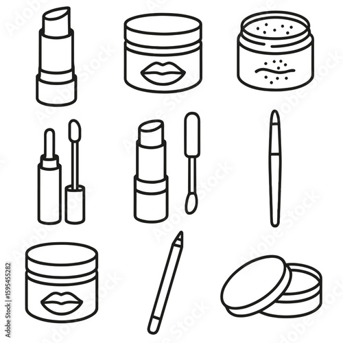 Line Style Lip Icons. Line style icons of Lip Care Collection: tinted lip balm tube, chapped lip mask jar, scrub pot, lip oil wand