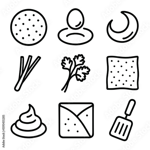 Jianbing Cart Icons. Line style icons of Jianbing Crepe Cart: wheat crepe, egg spread, hoisin smear, scallion stalk, cilantro