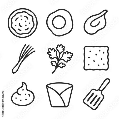 Jianbing Cart Icons. Line style icons of Jianbing Crepe Cart: wheat crepe, egg spread, hoisin smear, scallion stalk, cilantro