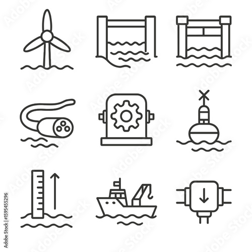 Tidal Power Icons. Line style icons of Tidal Power Solutions: tidal turbine, barrage gate, sluice gate, underwater cable, gearbox