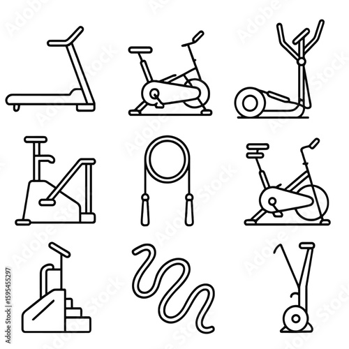 Cardio Equipment Icons. Line style icons of Cardio Machines: treadmill, stationary bike, rowing machine, elliptical, stair climber