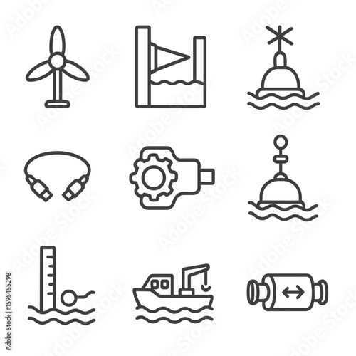Tidal Power Icons. Line style icons of Tidal Power Solutions: tidal turbine, barrage gate, sluice gate, underwater cable, gearbox