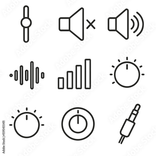 Audio Settings Icons. Line style icons of Volume & Audio Settings: volume slider, mute speaker, max volume speaker, audio waves,