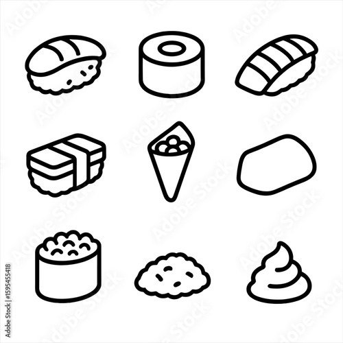 Sushi Roll Icons. Line style icons of Sushi Roll Variety silhouette: nigiri piece, maki roll, sashimi slice, tamago nigiri, temaki