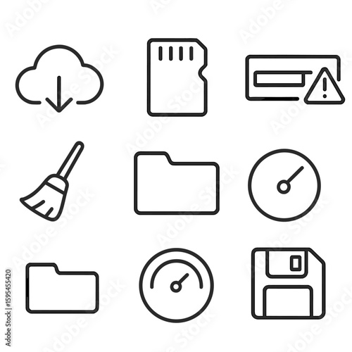 Download Storage Icons. Line style icons of Download & Storage: download cloud, SD card, memory chip, storage bar, full-warning