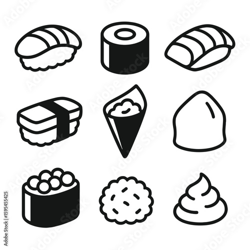 Sushi Roll Icons. Line style icons of Sushi Roll Variety silhouette: nigiri piece, maki roll, sashimi slice, tamago nigiri, temaki