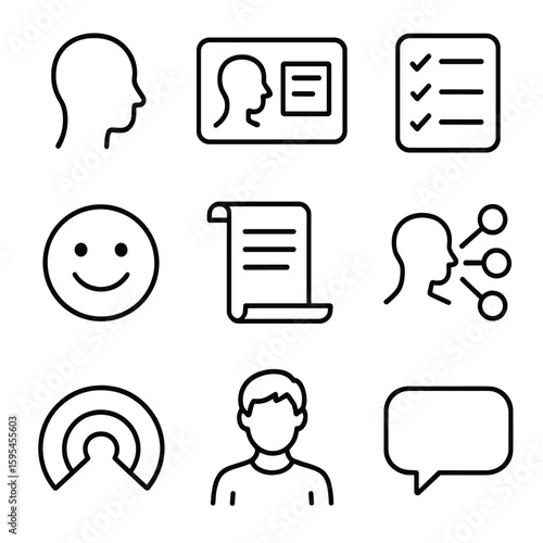 Character Profile Icons. Line style icons of Character Profiles: silhouette head, profile card, trait list, emotion emoji,