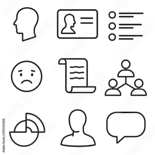 Character Profile Icons. Line style icons of Character Profiles: silhouette head, profile card, trait list, emotion emoji,