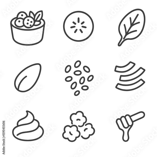 Smoothie Bowl Icons. Line style icons of Smoothie Bowl Flavors: berry blend cup, banana slice, spinach leaf, almond flake, chia