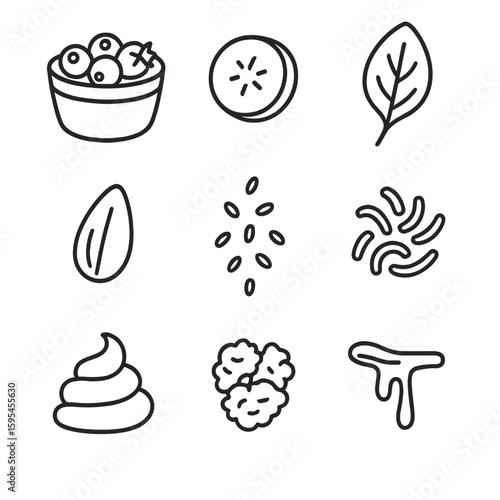 Smoothie Bowl Icons. Line style icons of Smoothie Bowl Flavors: berry blend cup, banana slice, spinach leaf, almond flake, chia