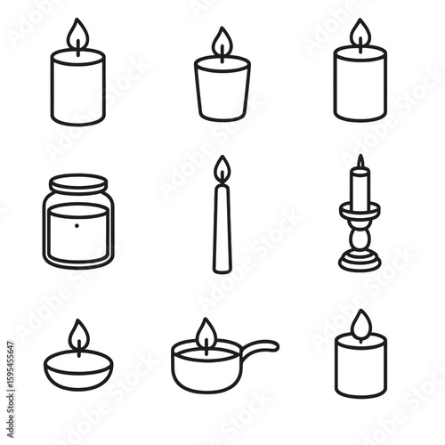 Line Style Candle Icons. Line style icons of Scented Candle Types: pillar candle, votive candle, tealight cup, jar candle, taper
