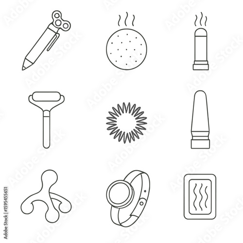 Stress Relief Icons. Line style icons of Stress Relief Gadgets: fidget diffuser pen, stress ball diffuser, aroma inhaler stick,
