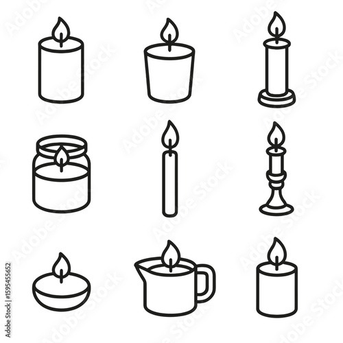Line Style Candle Icons. Line style icons of Scented Candle Types: pillar candle, votive candle, tealight cup, jar candle, taper