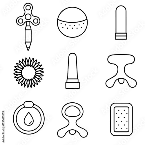 Stress Relief Icons. Line style icons of Stress Relief Gadgets: fidget diffuser pen, stress ball diffuser, aroma inhaler stick,