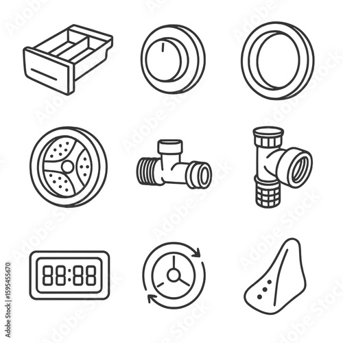 Washing Machine Icons. Line style icons of Washing Machine Components: detergent drawer, control knob, door seal ring, drum
