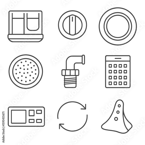 Washing Machine Icons. Line style icons of Washing Machine Components: detergent drawer, control knob, door seal ring, drum