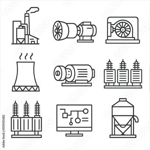 Power Plant Icons. Line style icons of Power Generation Plants: coal-fired boiler, gas turbine, steam turbine, cooling tower,