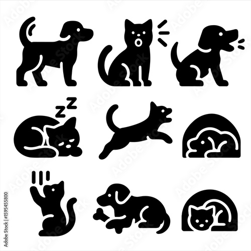 Pet Behavior Icons. Solid style icons of pet behavior: wagging tail, meowing cat, barking dog, sleeping pet, jumping pose,