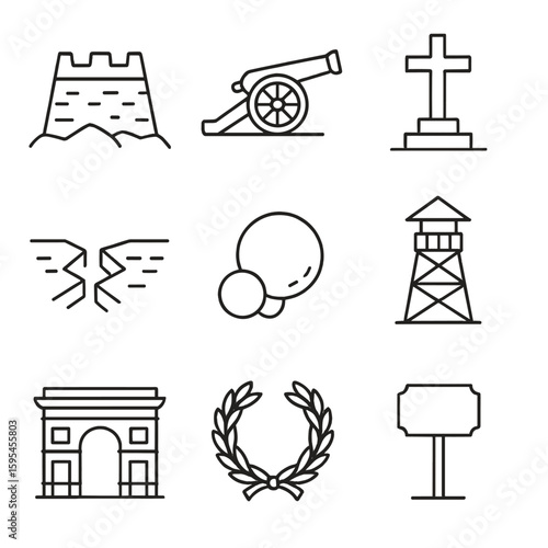 Battlefield Landmark Icons. Line style icons of Battlefield Landmarks: earthen fort, cannon emplacement, memorial cross, trenches