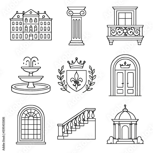 European Palace Icons. Line style icons of European Palaces: grand façade, marble column, ornate balcony, royal crest, courtyard