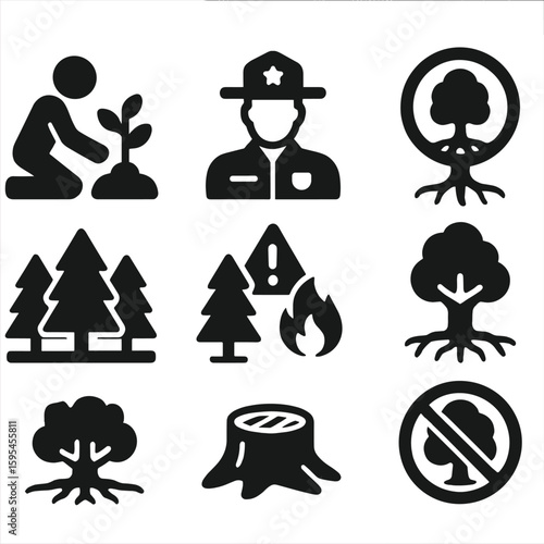 Forest Conservation Icons. Solid style icons of forest conservation: tree planting, forest ranger, protected area, tree with roots
