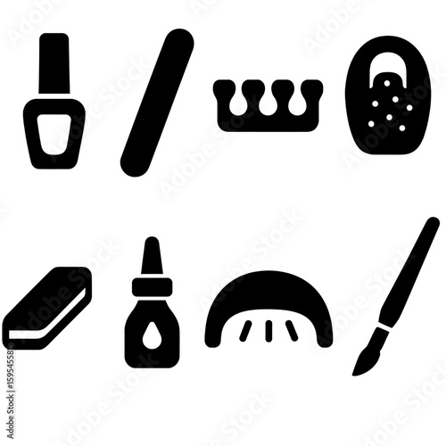 Manicure Pedicure Tools. Solid style icons of manicure and pedicure: nail polish, nail file, toe separator, foot spa, nail buffer,