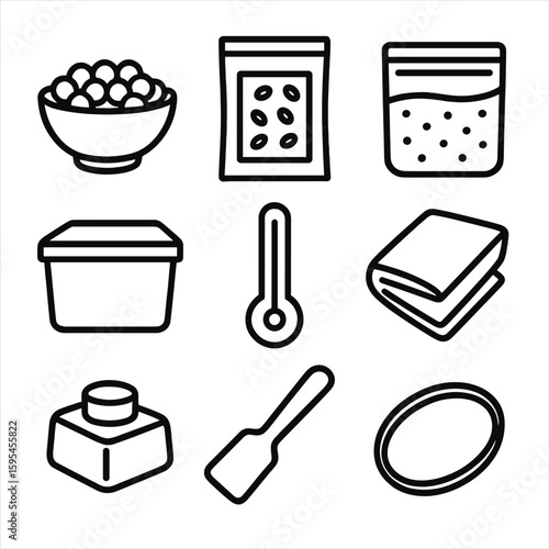 Tempeh Creation Kit Icons. Line style icons of Tempeh Creation Kit: soybeans bowl, tempeh starter packet, ziplock incubation bag,