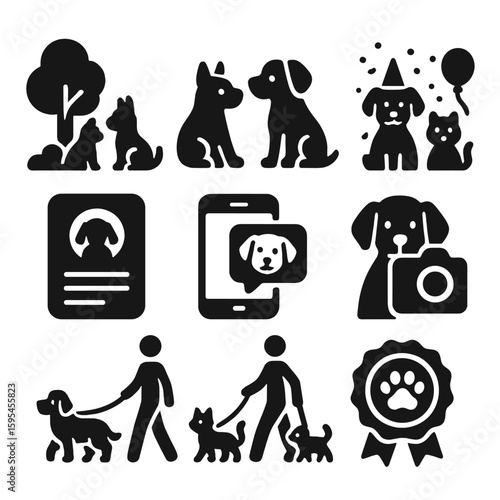 Icons of Pet Social Life. Solid style icons of pet social life: pet park, play group, pet party, pet photo shoot, pet profile, pet