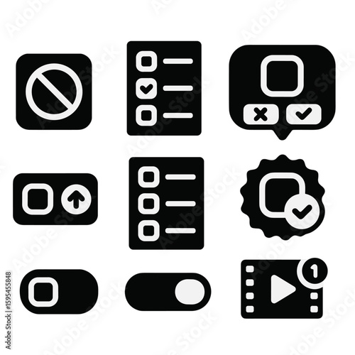 App Restrictions Icons. Solid style icons of app restrictions: blocked app icon, whitelist, permission prompt, app approval badge,