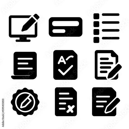 Writing Tools Icons. Solid style icons of writing exercises: pencil on screen, typing field, sentence builder, essay icon, grammar