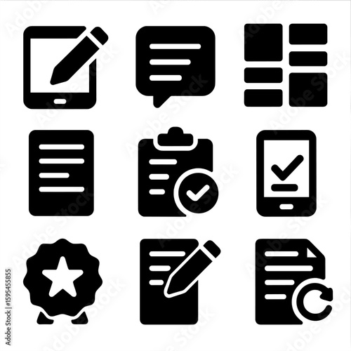 Writing Tools Icons. Solid style icons of writing exercises: pencil on screen, typing field, sentence builder, essay icon, grammar