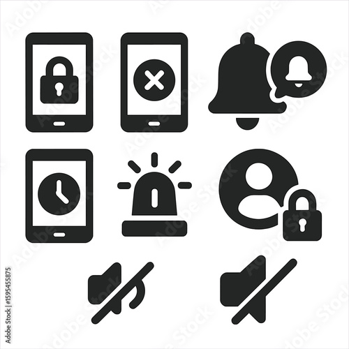 Parental Control Icons. Solid style icons of remote parental tools: remote lock, app removal button, internet pause, notification