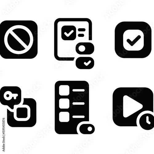 App Restrictions Icons. Solid style icons of app restrictions: blocked app icon, whitelist, permission prompt, app approval badge,