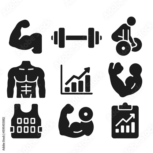 Strength Training Icons. Solid style icons of strength training: biceps icon, heavy barbell, deadlift position, strength chart,
