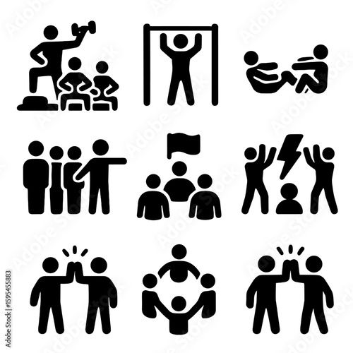 Group Training Icons. Solid style icons of group training: bootcamp icon, fitness class, team workout, partner training, group