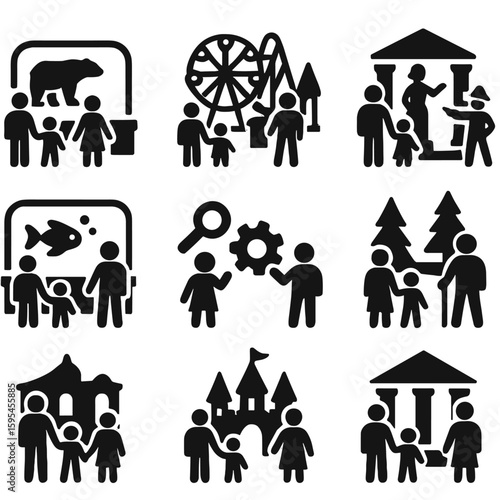 Family Sightseeing Icons. Solid style icons of family sightseeing: zoo visit, amusement park, museum tour, guided nature walk,