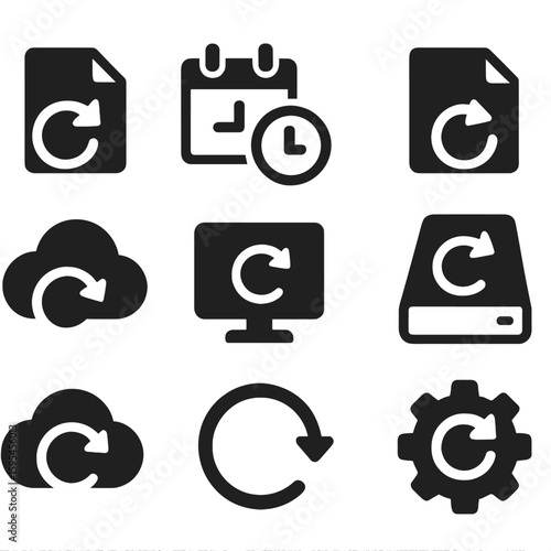 Backup Tools Icons. Solid style icons of backup tools: backup file icon, scheduled backup, restore file, backup destination, cloud