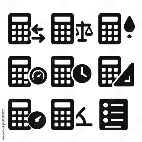 Unit Conversion Icons. Solid style icons of unit conversion calculators: length conversion, weight conversion, temperature