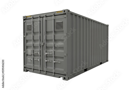 Gray shipping container with closed doors vents and yellow hazard stripes on a black background