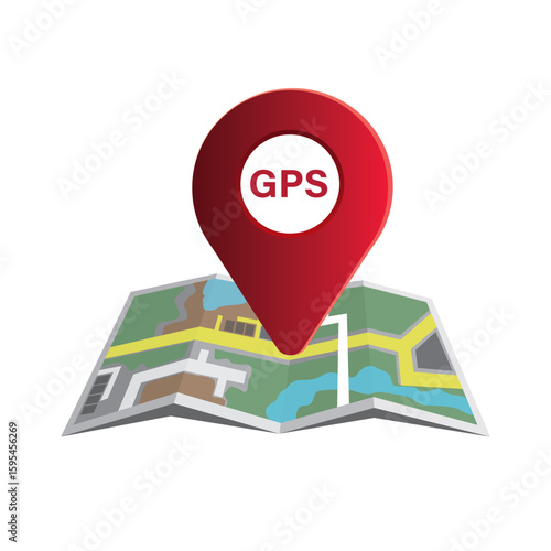A red GPS location pin placed on a colorful map is a symbol of navigation or location tracking using GPS technology.