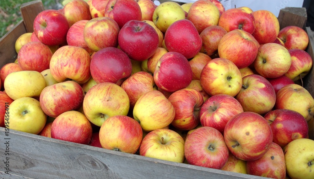 Abundant harvest of fresh red and yellow apples piled high in a rustic wooden crate Abundant harvest of fresh red and yellow apples piled high in a rustic wooden crate