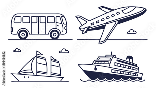 Line art illustration showcasing various transportation methods including bus plane sailboat and cruise ship vreated with genrated ai