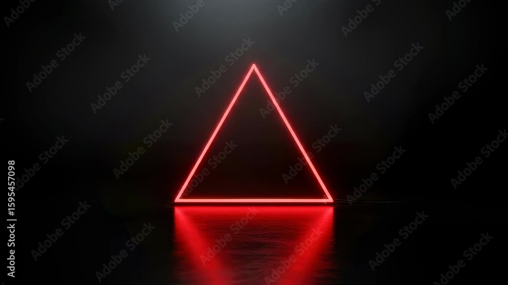 Red neon triangle geometric figure glowing with reflection on dark background. Abstract digital light shape for futuristic art and intro footage.