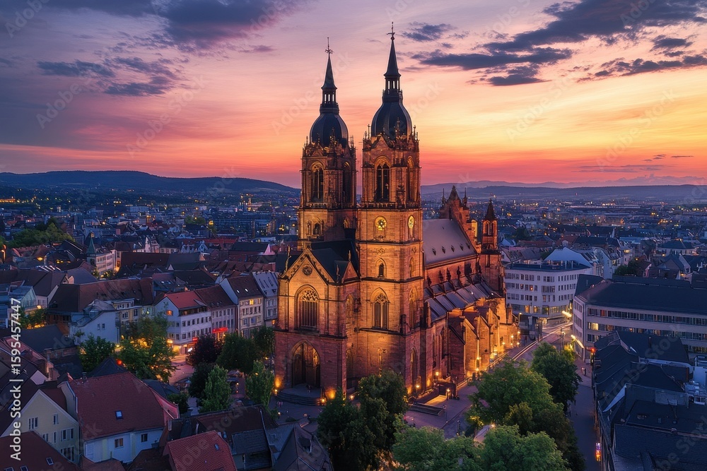 Naklejka premium Stunning aerial view of Mannheim, Germany illuminated at night with vibrant sunset colors, mannheim germany aerial night