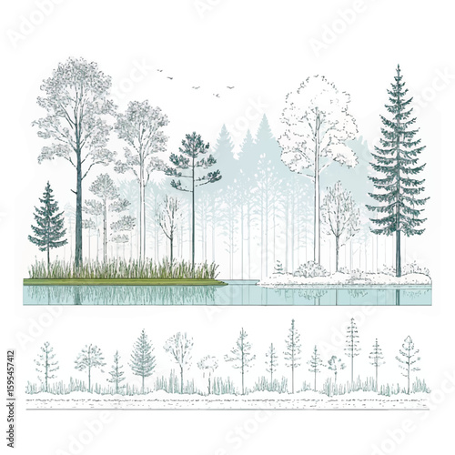 Architectural Drawings, Minimal style cad tree line drawing, Side view, set of section wetland forest outline for landscape design drawing. Vector illustration in separate element