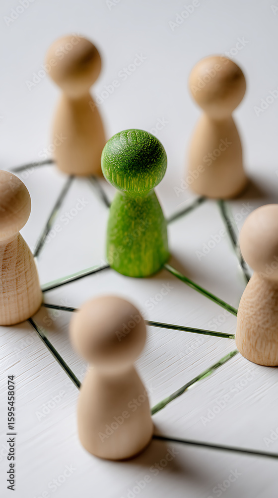 Obraz premium Green figure connecting wooden figures in a network connection teamwork