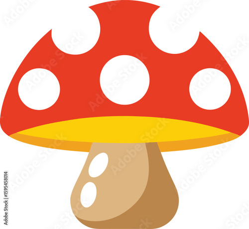 Cartoon amanita mushroom with red cap and white spots isolated on white background