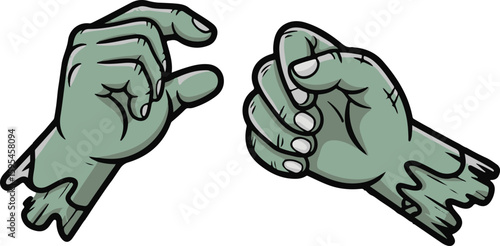 Cartoon zombie hands vector, one grabbing, one fisting.